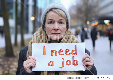 Woman Holding I Need a Job Sign 119133069
