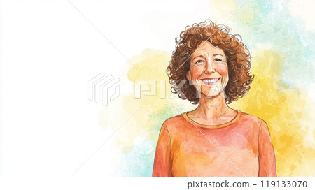 Old White Woman with Brown Curly Hair watercolor illustration. 119133070