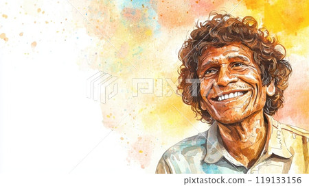 Old Indian Man with Brown Curly Hair watercolor illustration. 119133156