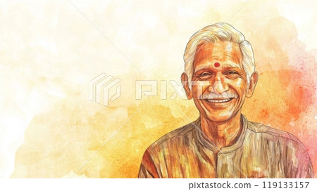 Old Indian Man with Blond Straight Hair watercolor illustration. 119133157