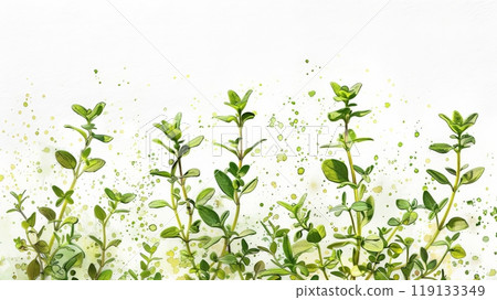 This artwork displays a series of delicate green plants painted in watercolour, capturing the essence of nature with splashes of light green, creating a fresh and serene atmosphere This artwork displays a series of delicate green plants painted in watercolour, capturing the essence of nature with splashes of light green, creating a fresh and serene atmosphere 119133349