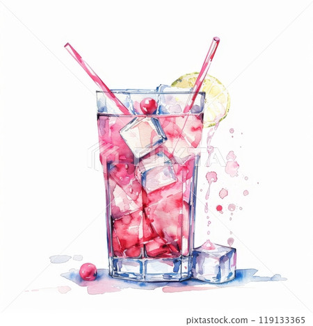A vibrant ice cocktail is illustrated in watercolor, featuring a tall glass filled with ice cubes, colorful liquid, and garnished with a lemon slice. Perfect for summer occasions A vibrant ice cocktail is illustrated in watercolor, featuring a tall glass filled with ice cubes, colorful liquid, and garnished with a lemon slice. Perfect for summer occasions 119133365