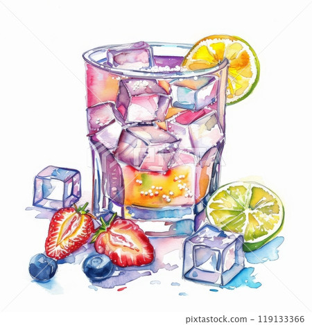 This artwork features a vibrant ice cocktail adorned with colorful strawberries, blueberries, and lime slices, capturing the essence of a refreshing summer drink This artwork features a vibrant ice cocktail adorned with colorful strawberries, blueberries, and lime slices, capturing the essence of a refreshing summer drink 119133366