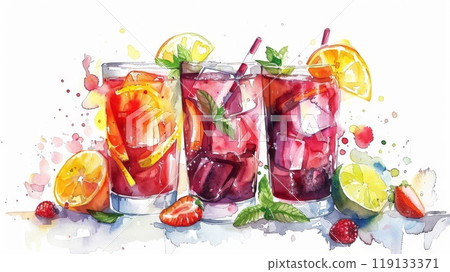 A vibrant display of ice sangria cocktails sits elegantly on a bright white background, each glass garnished with fresh fruits and herbs, inviting summer enjoyment A vibrant display of ice sangria cocktails sits elegantly on a bright white background, each glass garnished with fresh fruits and herbs, inviting summer enjoyment 119133371