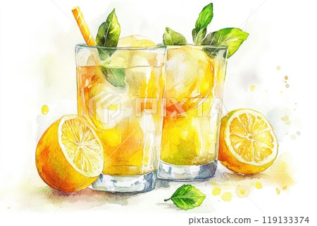 A refreshing drink made with lemons sits next to halved lemons on a white background. The ice cubes and mint leaves add a vibrant touch, ideal for quenching thirst A refreshing drink made with lemons sits next to halved lemons on a white background. The ice cubes and mint leaves add a vibrant touch, ideal for quenching thirst 119133374