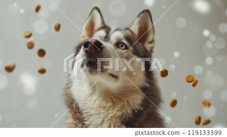 A cheerful husky with a bright expression is eagerly catching treats thrown in the air, surrounded by falling snowflakes on a crisp winter day A cheerful husky with a bright expression is eagerly catching treats thrown in the air, surrounded by falling snowflakes on a crisp winter day 119133399
