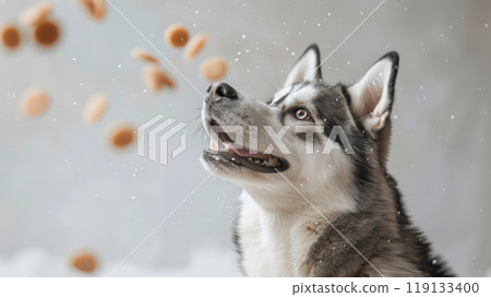 The husky dog sits with an excited expression, eagerly watching treats fly through the air as it enjoys a playful moment in the snow The husky dog sits with an excited expression, eagerly watching treats fly through the air as it enjoys a playful moment in the snow 119133400
