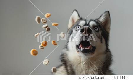 This husky dog shows pure joy as it eagerly catches falling treats mid-air, its happy expression brightening a cozy indoor setting This husky dog shows pure joy as it eagerly catches falling treats mid-air, its happy expression brightening a cozy indoor setting 119133401