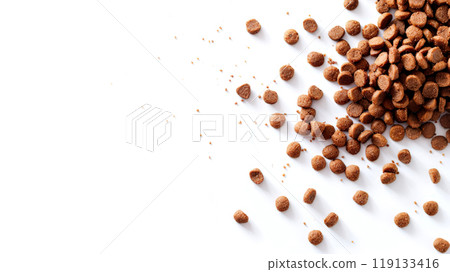 This advertisement features dry cat food scattered across a pristine white surface, emphasizing the product's texture and nutritional value for cats This advertisement features dry cat food scattered across a pristine white surface, emphasizing the product's texture and nutritional value for cats 119133416