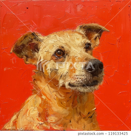 The golden dog gazes thoughtfully, its fur textured and warm, set against a striking red backdrop. The artwork captures its lively demeanor and charm beautifully 119133425