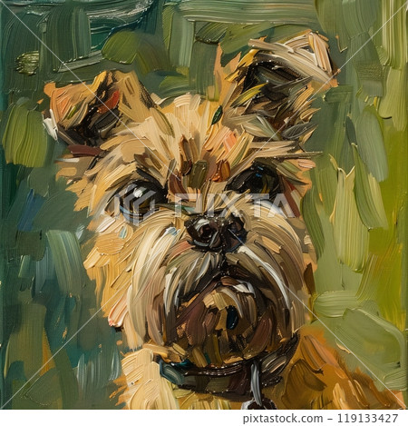 The artwork features a close-up of a small dog with a focused expression. Its fur is textured, and the background is filled with rich colors that enhance the dog's presence 119133427