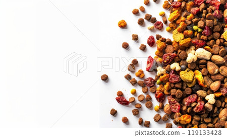 A vibrant mix of dry pet food covers part of a bright white background, highlighting different shapes and ingredients meant for pet nutrition and enjoyment 119133428