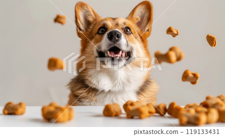 A joyful corgi sits excitedly as treats are scattered around. The dog's expressive face radiates happiness in a cheerful and light-filled environment A joyful corgi sits excitedly as treats are scattered around. The dog's expressive face radiates happiness in a cheerful and light-filled environment 119133431