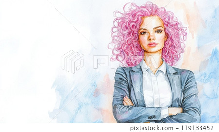 Teen White Woman with Pink Curly Hair watercolor illustration. 119133452