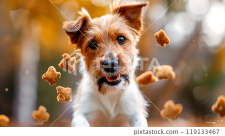 A happy dog jumps energetically, eagerly catching pieces of dog food in mid-air. The park is filled with colorful autumn leaves, creating a joyful atmosphere 119133467