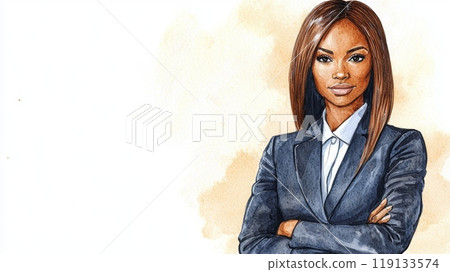 Teen Black Woman with Brown Straight Hair watercolor illustration. 119133574