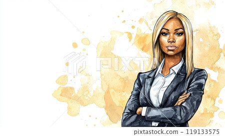 Teen Black Woman with Blond Straight Hair watercolor illustration. 119133575