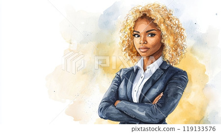 Teen Black Woman with Blond Curly Hair watercolor illustration. 119133576