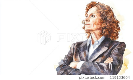 Old White Woman with Brown Curly Hair watercolor illustration. 119133604