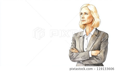 Old White Woman with Blond Straight Hair watercolor illustration. 119133606