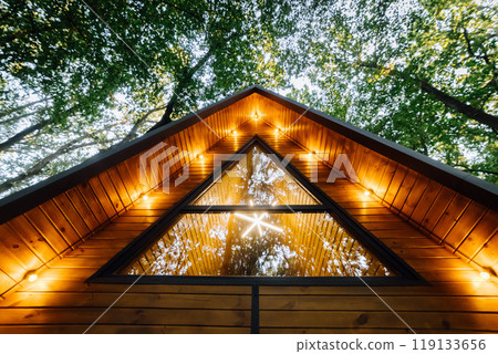 Modern A-frame wooden cabin with warm glowing lights, surrounded by lush green forest trees 119133656