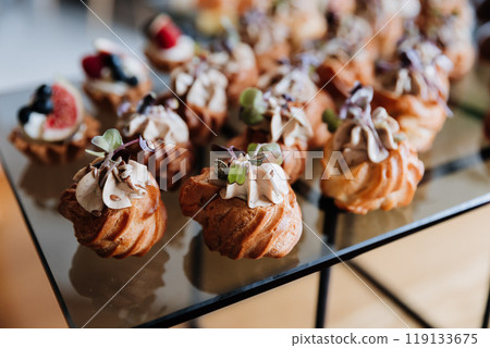 Gourmet chocolate desserts and savory prosciutto appetizers displayed for event or catering service 119133675