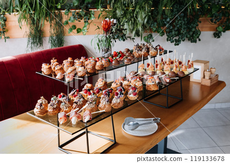 Assorted gourmet appetizers and desserts on display, luxury events, catering, and celebrations Assorted gourmet appetizers and desserts on display, luxury events, catering, and celebrations 119133678