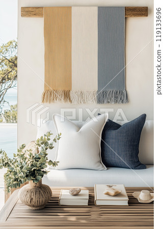 Cozy Minimalist Interior with Woven Wall Decor 119133696
