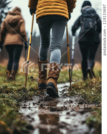Hikers Trekking through Muddy Trails in Autumn 119133697