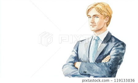 Adult White Man with Blond Straight Hair watercolor illustration. 119133836