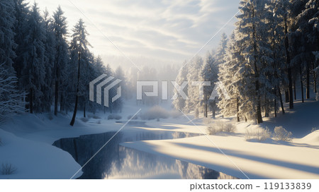 Serene Winter Landscape with Snow-Covered Forest and Frozen Lake Serene Winter Landscape with Snow-Covered Forest and Frozen Lake 119133839
