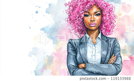 Adult Black Woman with Pink Curly Hair watercolor illustration. Adult Black Woman with Pink Curly Hair watercolor illustration. 119133988