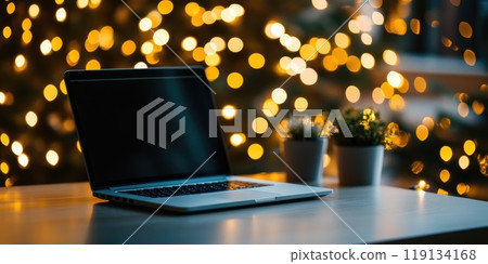 Online holiday shopping concept featuring laptop with cozy bokeh lights 119134168