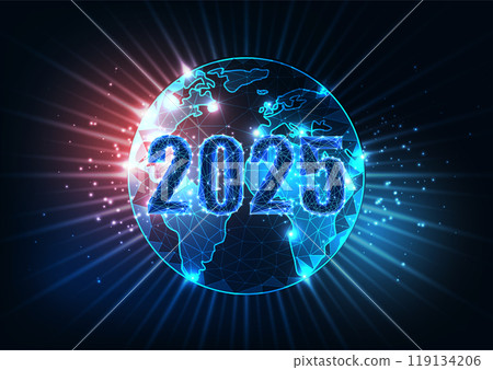 Abstract 2025 happy New Year to the world concept banner with globe map in futuristic glowing style Abstract 2025 happy New Year to the world concept banner with globe map in futuristic glowing style 119134206