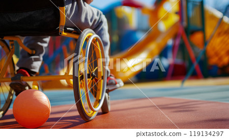 Child in a wheelchair enjoying playtime near colorful playground equipment on a sunny day 119134297