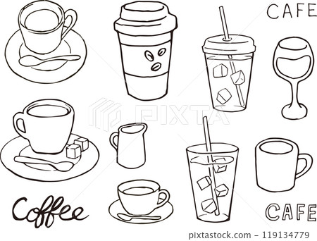 Black and white pen drawing of coffee and drinks illustration 119134779