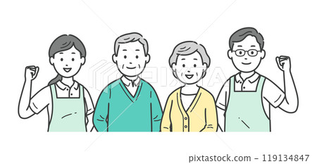 老年人和男女護理人員歡聚在一起的插圖集 119134847