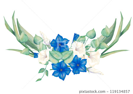 Composition with flowers, buds, leaves, stems, grass petunia blue and white, wedding watercolor illustration for printing and web design Composition with flowers, buds, leaves, stems, grass petunia blue and white, wedding watercolor illustration for printing and web design 119134857