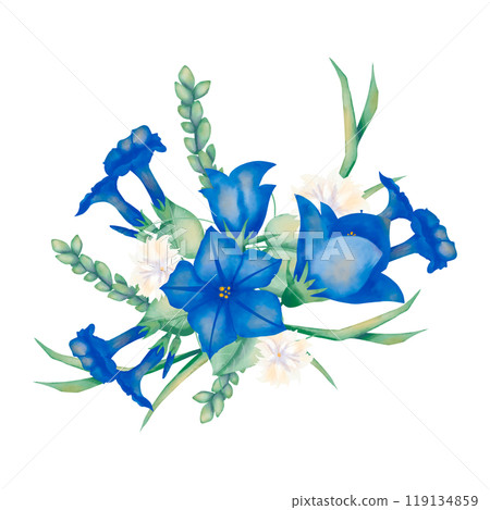 Floral arrangement with petunia flowers and bell flowers blue and white, foliage and ears green, festive watercolor illustration for printing and web design 119134859