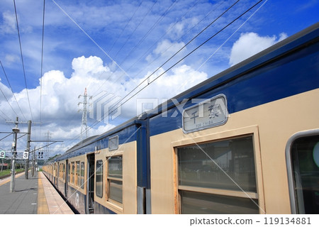 A 113 series train at a local station under a summer sky with cumulonimbus clouds rising 119134881