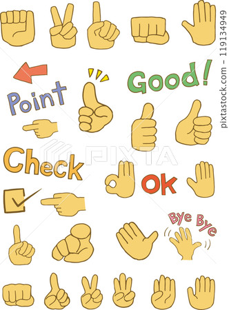 Illustration of handwritten text and various types of hand signs 119134949