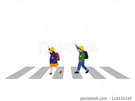 Illustration of elementary school students raising their hands and crossing the street 119135145