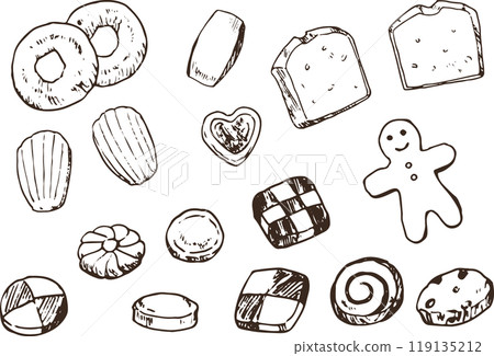 餅乾和烘焙食品的黑白筆畫插圖 119135212