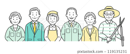 Upper body illustrations of various jobs for elderly men and women in their second lives Upper body illustrations of various jobs for elderly men and women in their second lives 119135231