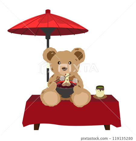 Illustration of a teddy bear eating zenzai at a teahouse 119135280
