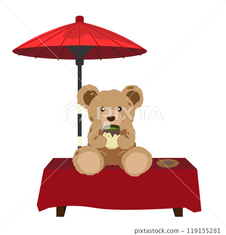 Illustration of a Teddy Bear Drinking Green Tea in a Teahouse 119135281