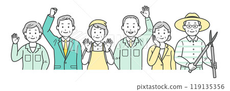 Upper body illustrations of various jobs for elderly men and women in their second lives 119135356