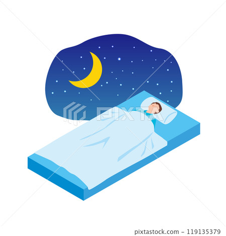 Illustration of a man sleeping in bed at night 119135379