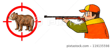 Hunter holding a rifle and a brown bear target mark 119135598