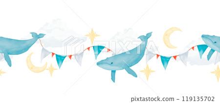 Seamless border with whales, stars, clouds and new moon, with flags, watercolor digital illustration for printing and web 119135702